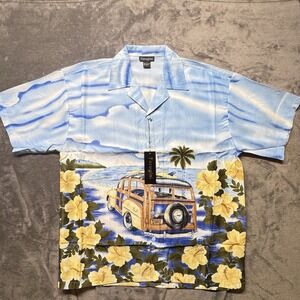 New Ferugini Button Down Shirt L Men's Hawaiian Surf‎ AOP Sleeve Blue NWT